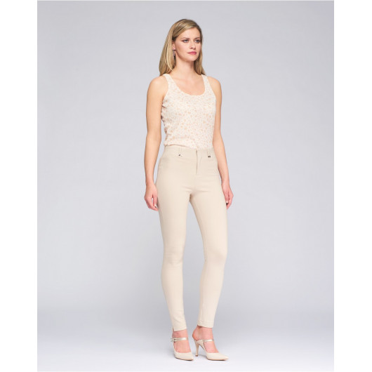 Beige leggings with cotton blend, front zip