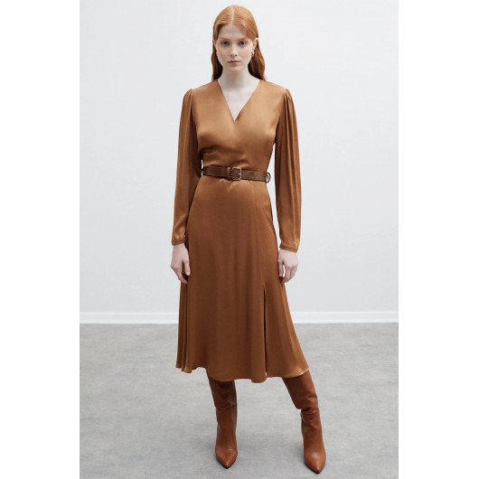 Camel copper brown viscose satin maxi dress with belt