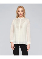 Blouse de coton beige écru avec broderies dorées, encolure ronde