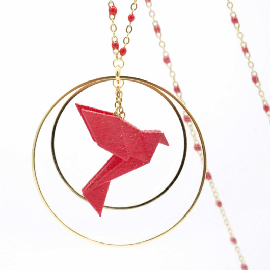 Necklace with origami bird, 3D print, coloured chain