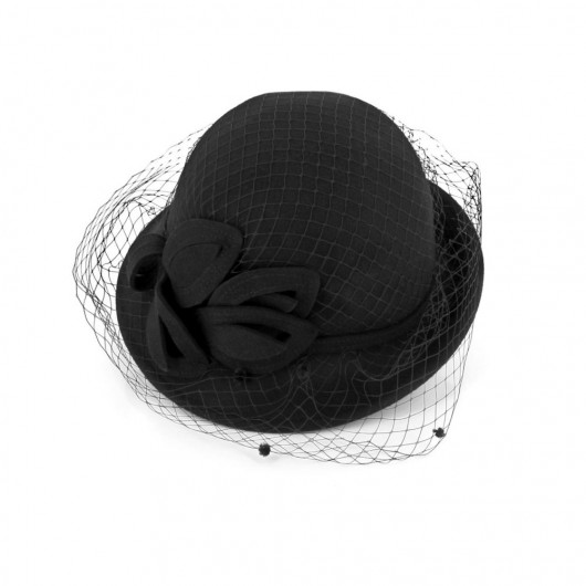 Black round hat, wool felt with tulle