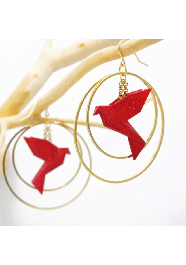Boucles d'oreilles créoles avec oiseau origami double anneau