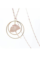 Long necklace with ginko leaf and double gold brackets
