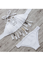 Bikini deux-pièces en joli macramé crocheté, franges à perles de bois