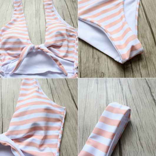 Swimsuit false two pieces suit with pink stripes