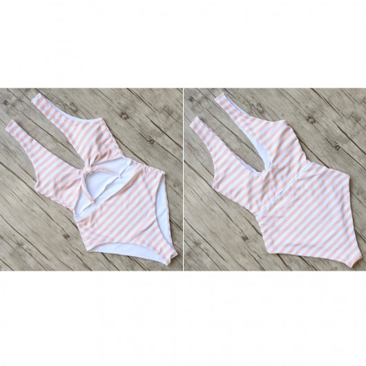 Swimsuit false two pieces suit with pink stripes