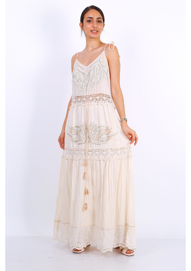 Long dress in beige cotton, bohemian style