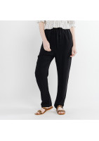 Black supple linen trousers, with 4 applied pockets, elasticated waist.