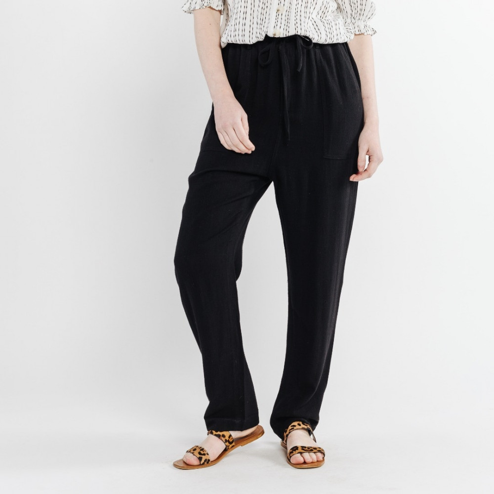 Pantalon en lin souple noir , poches appliquées et taille élastique