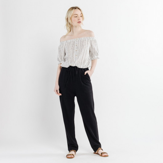 Pantalon en lin souple noir avec taille élastique