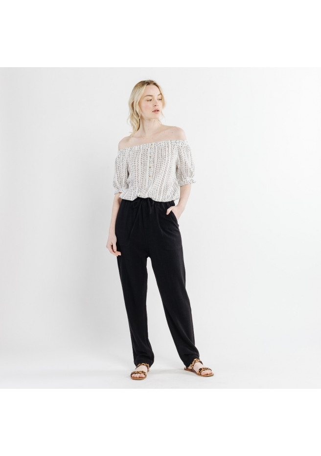 Black supple linen trousers, with 4 applied pockets, elasticated waist.