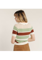 Small sweater in green and red striped viscose in finely openwork mesh on the top