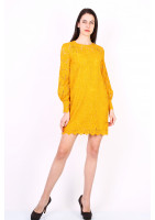 Short dress in yellow ochre lace with leaf pattern