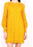 Short dress in yellow ochre lace with leaf pattern
