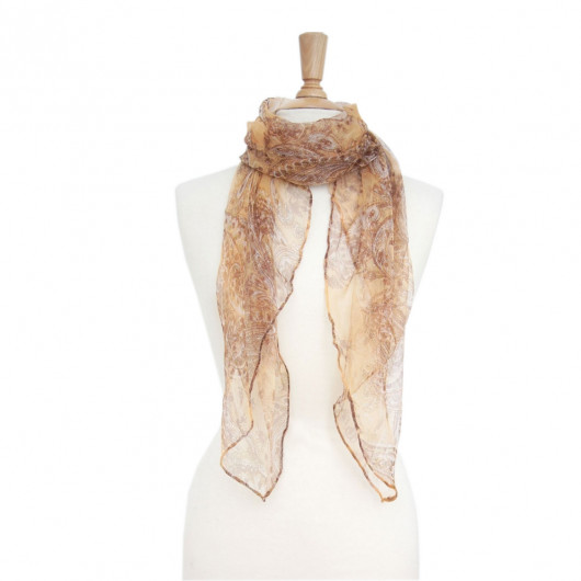 Foulard en soie fine imprimée brun avec motif cachemire