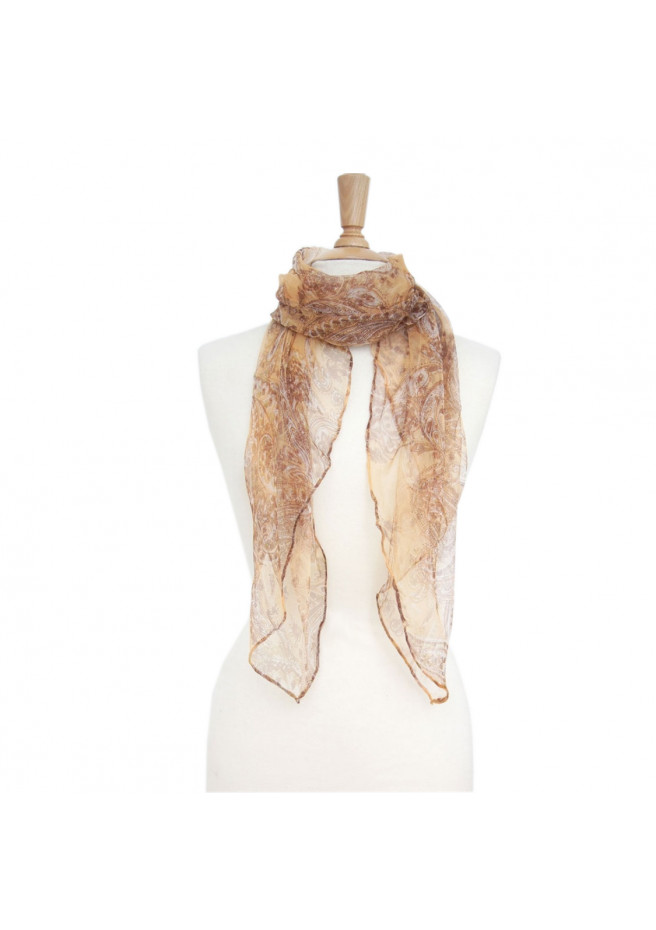Foulard en soie fine imprimée brun avec motif cachemire