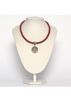 Red leather necklace and reversible silver chiselled Tree of Time pendant with Art Deco ironwork