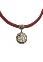 Red leather necklace and reversible silver chiselled Tree of Time pendant with Art Deco ironwork