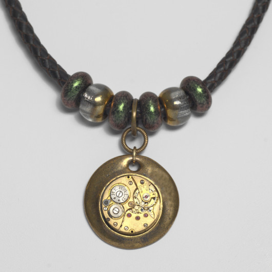 Brown braided leather necklace with antique Herald watch movement and Murano pearls