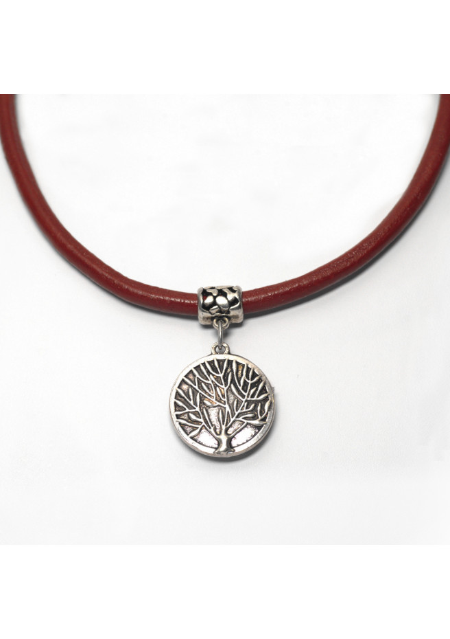 Red leather necklace and reversible silver chiselled Tree of Time pendant with Art Deco ironwork