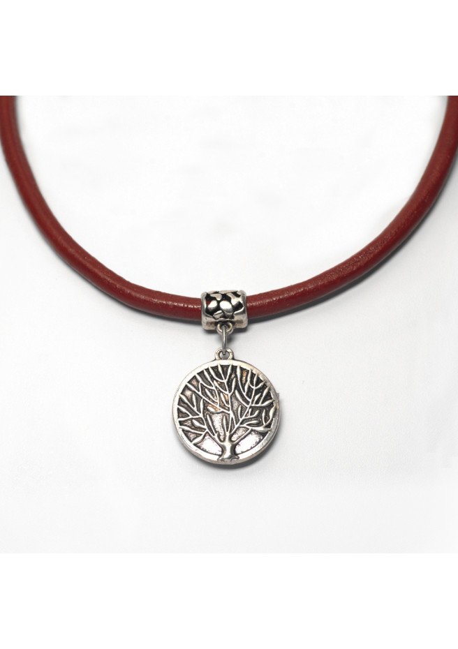 Collier en cuir rouge et pendentif Arbre du Temps réversible argent ciselé et fermoir Art Déco