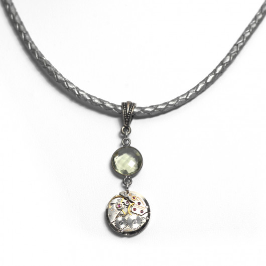 Silver patent woven leather necklace with antique watch movement and green amethyst