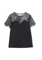 Petit haut noir, corsage en tissu crêpe et dentelle fine