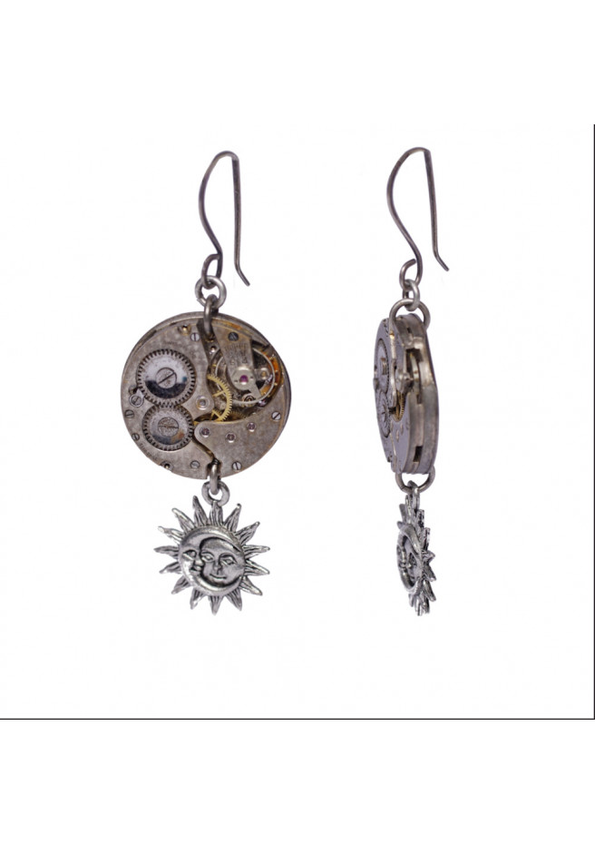 Boucles d’oreilles lune et soleil avec ancien mouvement de montre suisse des années 20