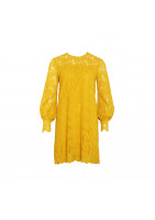 Short dress in yellow ochre lace with leaf pattern