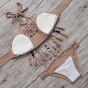Two-piece bikini in pretty crocheted macrame, wood beaded fringes