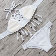 Two-piece bikini in pretty crocheted macrame, wood beaded fringes