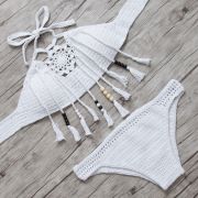 Two-piece bikini in pretty crocheted macrame, wood beaded fringes