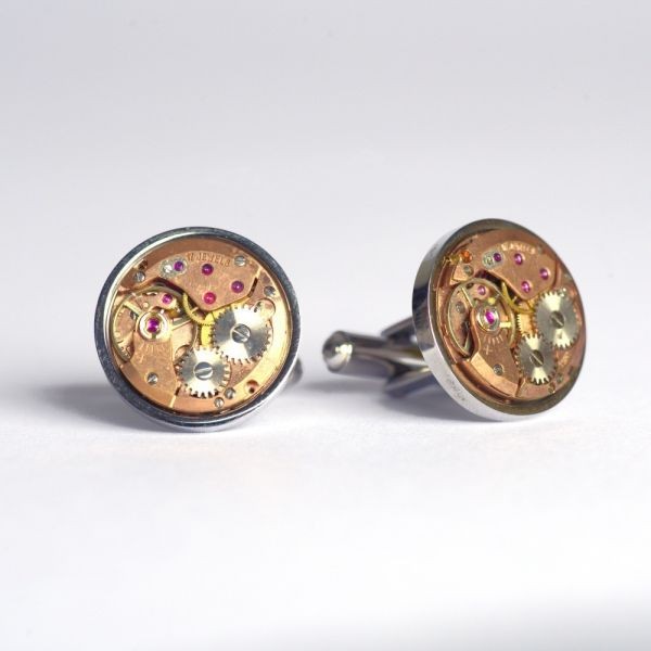 Cufflinks with antique Swiss watch movement in rose gold hue