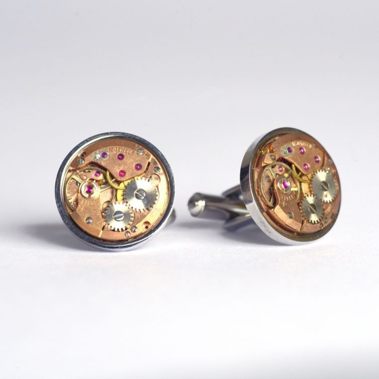 Cufflinks with antique Swiss watch movement in rose gold hue