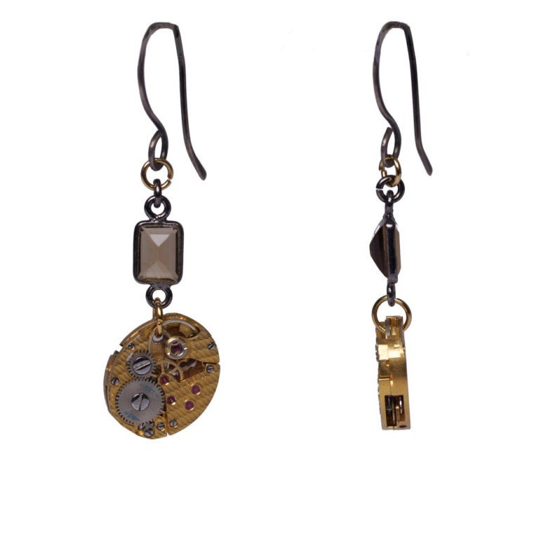 Earrings with Swiss old watch baguette movement of Rotary®