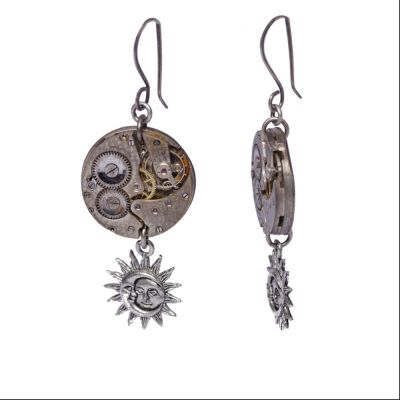 Boucles d’oreilles lune et soleil avec ancien mouvement de montre suisse des années 20
