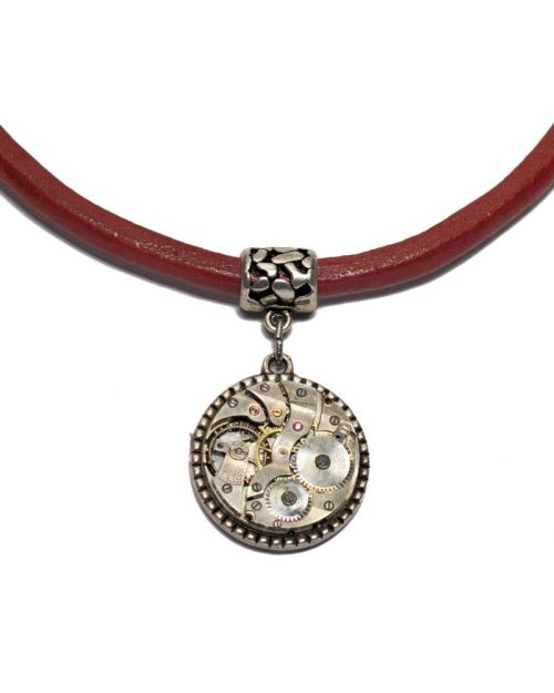 Red leather necklace and Arbre du Temps pendant reversible silver ormolu and Art Deco clasp