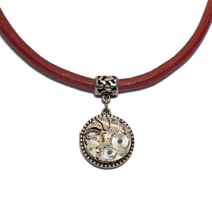Collier en cuir rouge et pendentif Arbre du Temps réversible argent ciselé et fermoir Art Déco