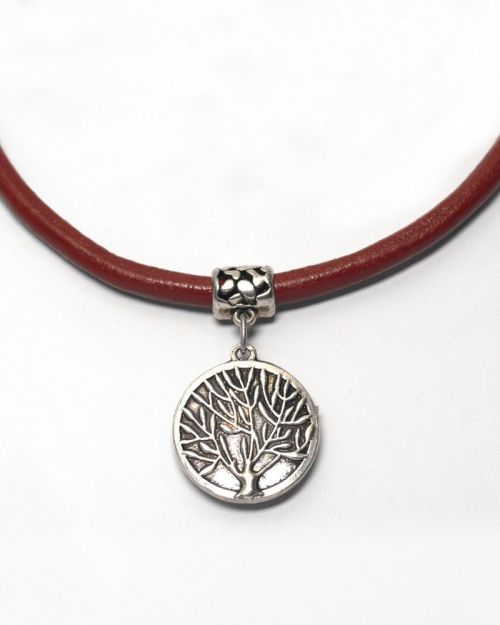 Red leather necklace and Arbre du Temps pendant reversible silver ormolu and Art Deco clasp