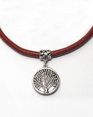 Collier en cuir rouge et pendentif Arbre du Temps réversible argent ciselé et fermoir Art Déco