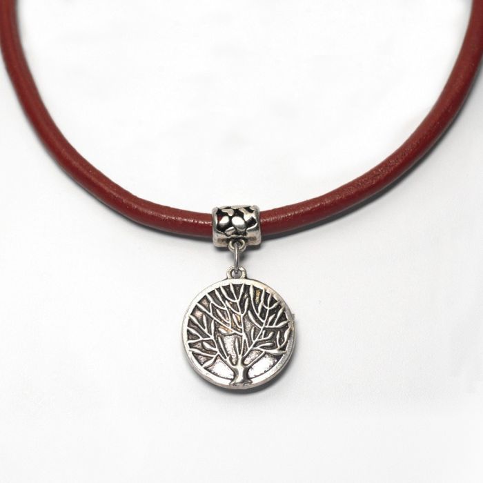 Collier en cuir rouge et pendentif Arbre du Temps réversible argent ciselé et fermoir Art Déco