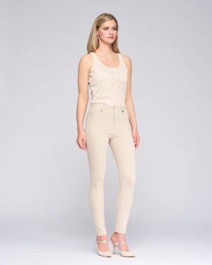Beigefarbene Leggings aus Baumwollmischung mit Frontreißverschluss