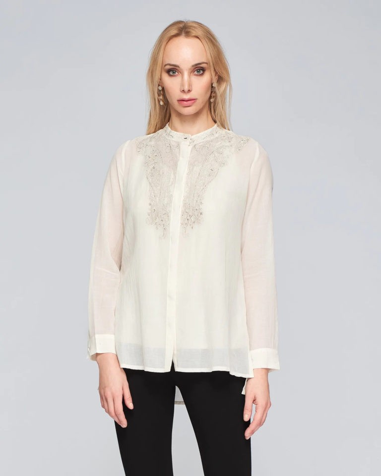 Beige cotton blouse with silver embroidery, round neckline
