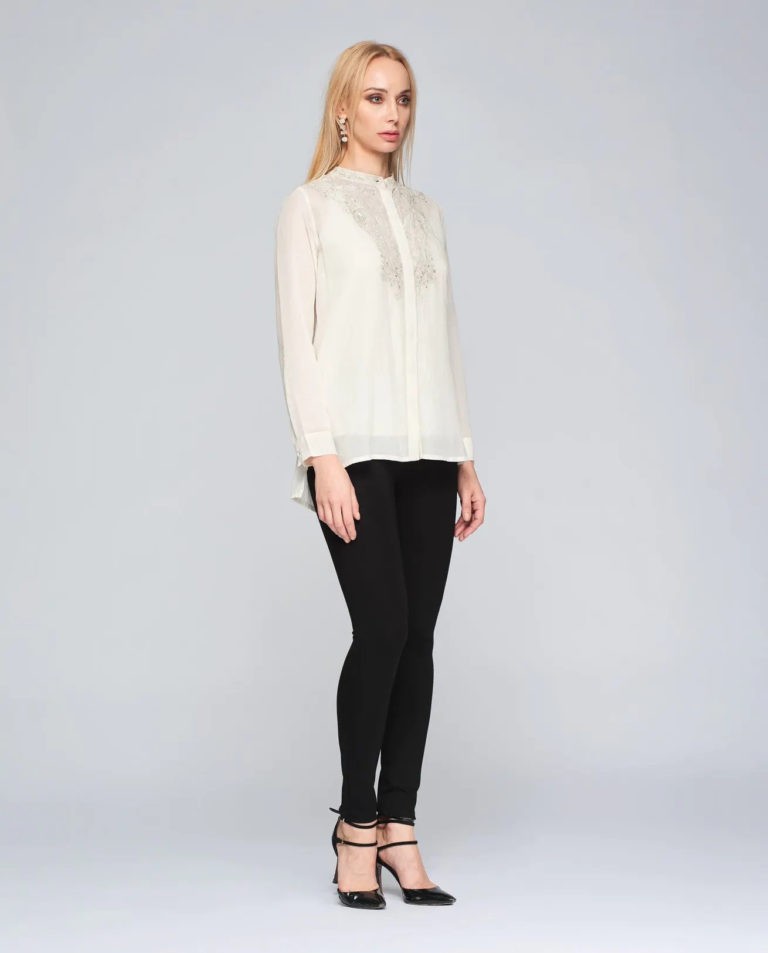 Beige cotton blouse with silver embroidery, round neckline