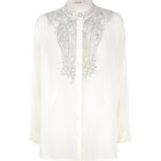 Blouse de coton beige écru avec broderies dorées, encolure ronde