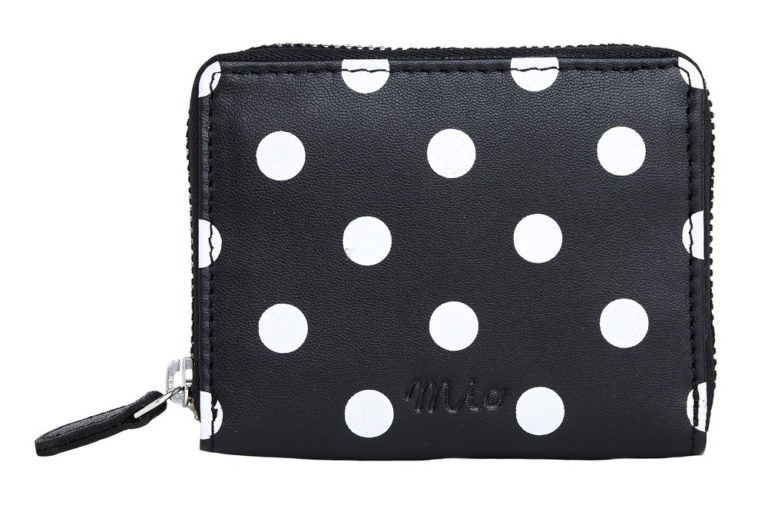Small black printed leather wallet with white dots
