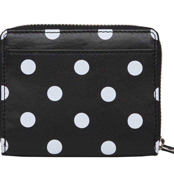 Kleines schwarzes bedrucktes Lederportemonnaie mit weißen Punkten