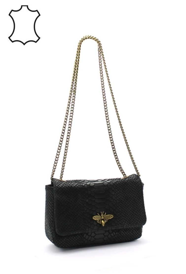 Sac en cuir pressé motif serpent couleur uniforme avec chaînette en métal fermoir abeille