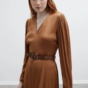 Camel copper brown viscose satin maxi dress with belt