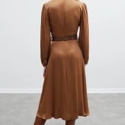 Camel copper brown viscose satin maxi dress with belt